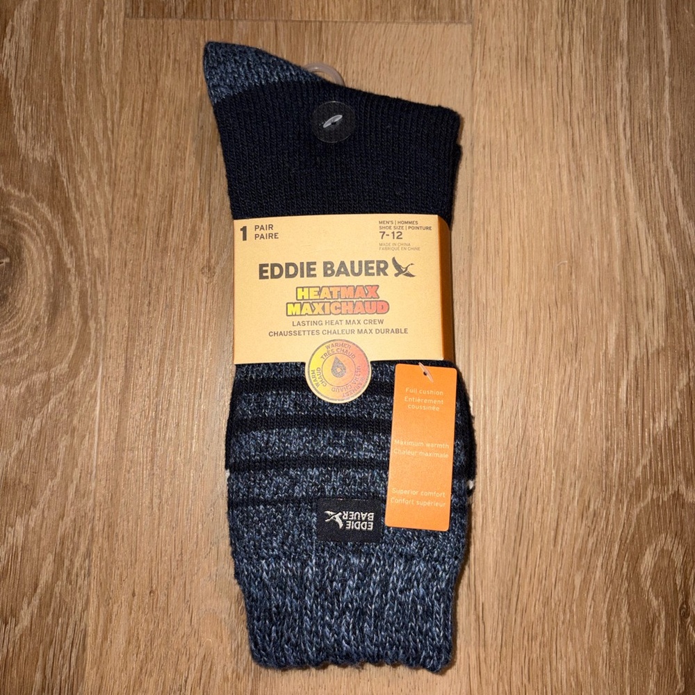 Eddie Bauer 1 Pair of Heat Max Crew Socks Fits Shoe Sz 7-12 Black New